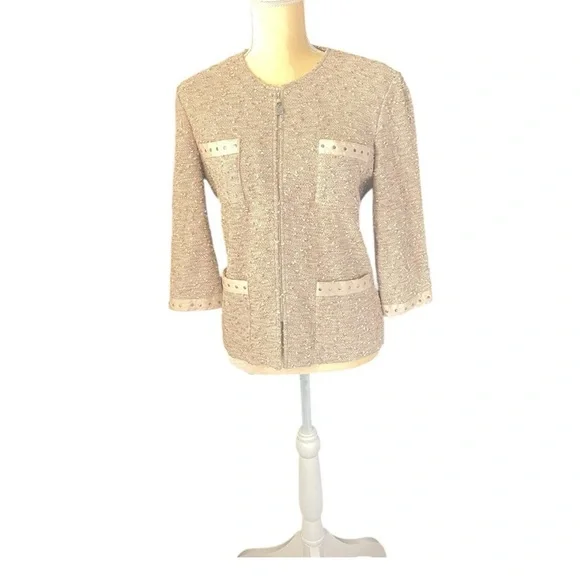 St John Santana Knit Zip Jacket Beige Gold Size 10 - Picture 2 of 7